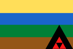 Larp Village's original flag has four horizontal bands of color, starting with brown at the bottom, then green, then blue, then yellow at the top. There is a black triangle in the bottom right corner, to represent a tent or home or other buildings, with red triangle inside, for a welcoming fire, and a smaller black triangle inside that, for all the people gathered together, in either the shelter or village, in general.